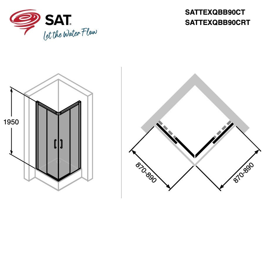 SATTEXQBB90CT SAT TEX BB  90 x 90 kvadratna tuš kabina brez okvirja črna