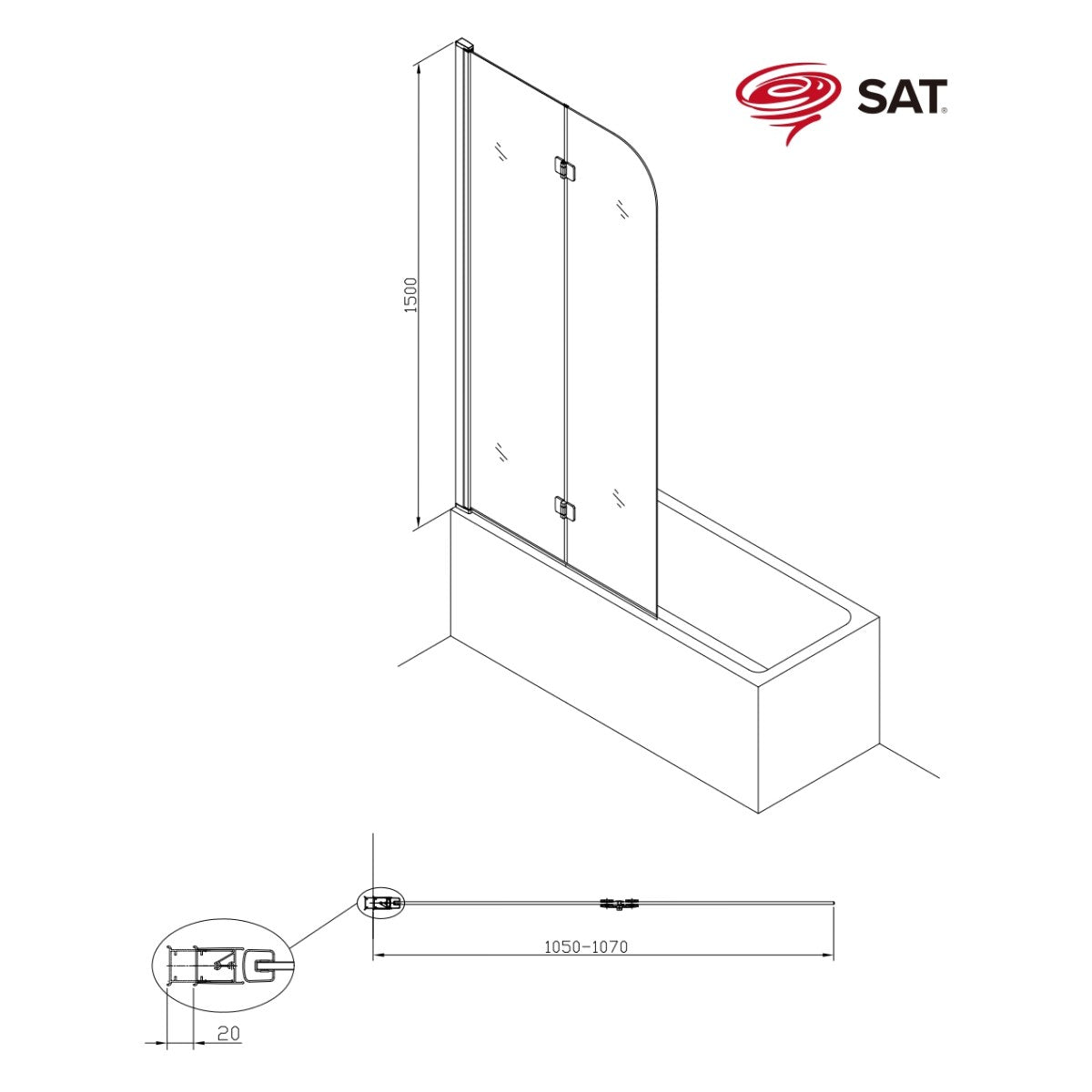 SATVZSK105C SAT 150 x 105 zložljiva tuš stena za kad