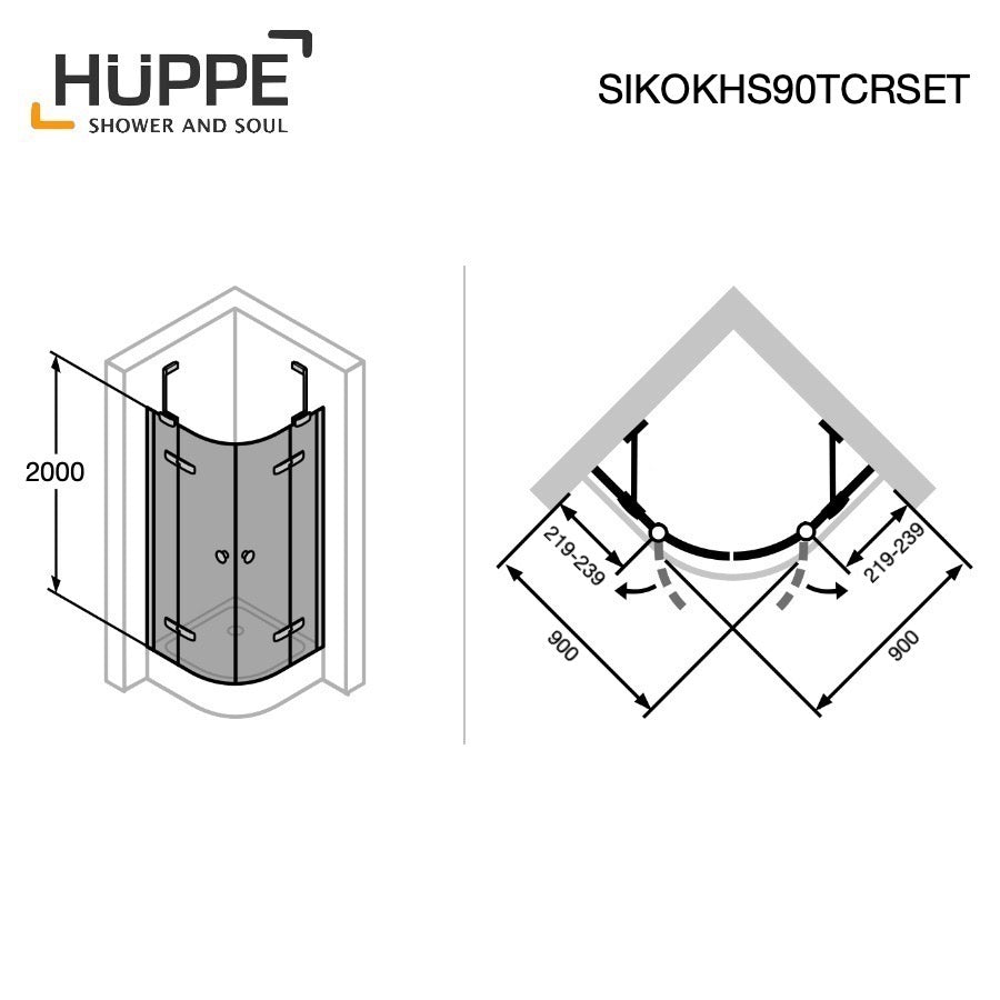 SIKOKHS90TCRSET Hüppe Strike New 90 x 90 polkrožna tuš kabina