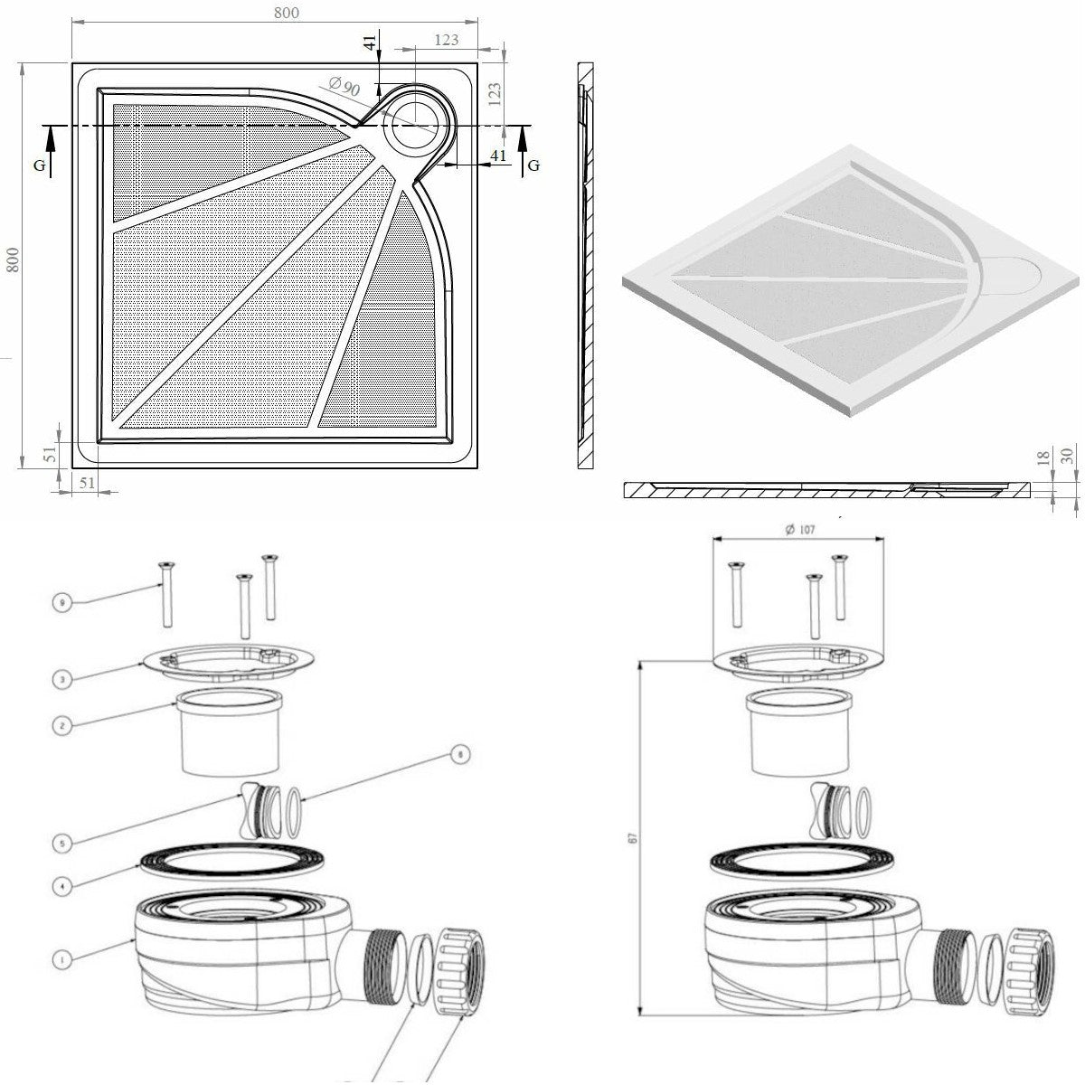 SIKOLIMCC80Q SAT 80 x 80 cm kvadratna tuš kad iz litega marmorja