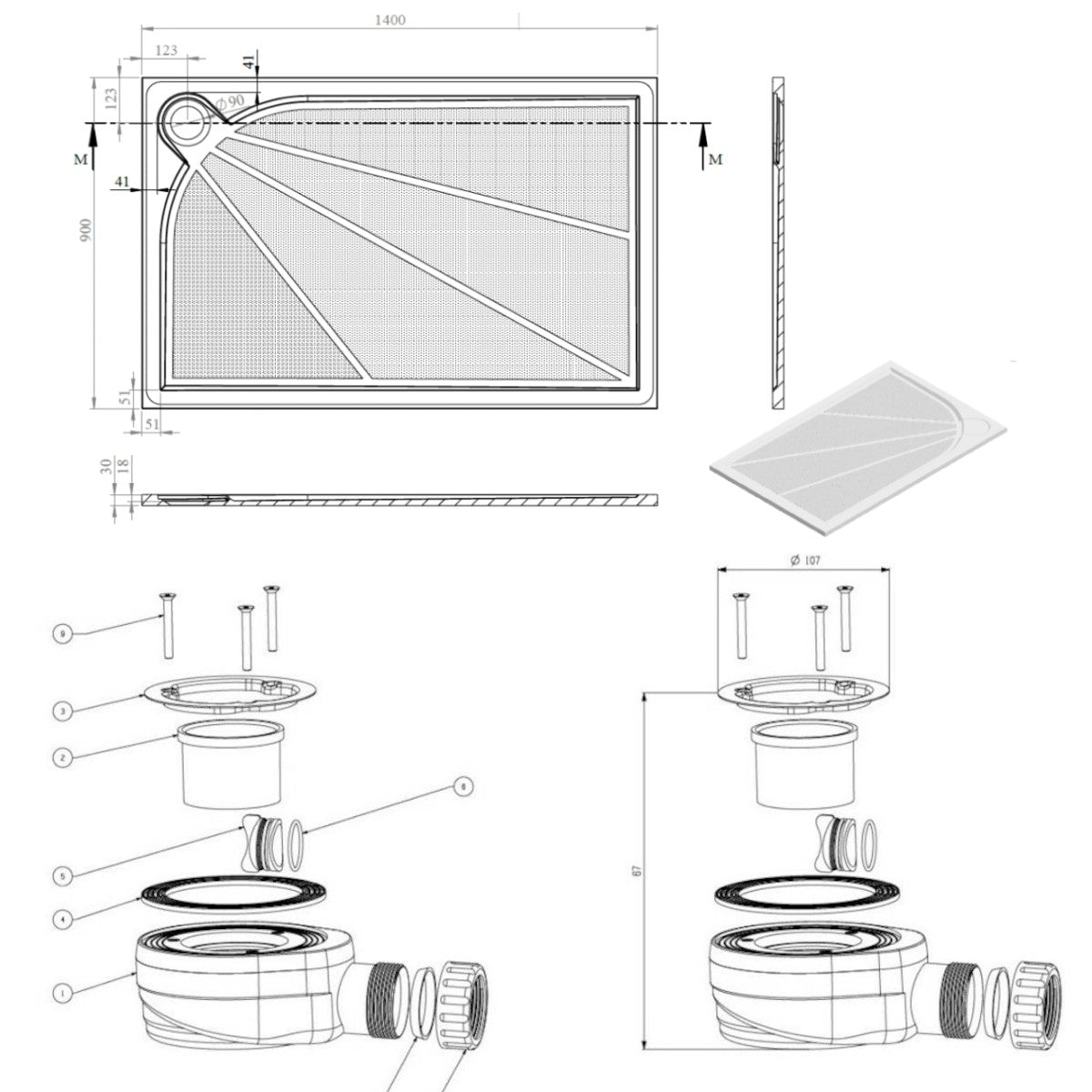 SIKOLIMCC14090 SAT 140 x 90 cm pravokotna tuš kad iz litega marmorja