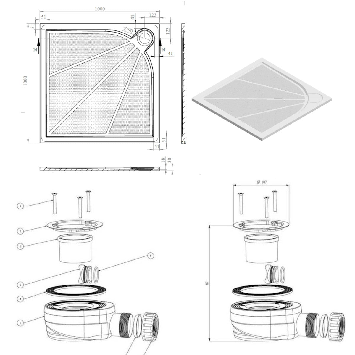 SIKOLIMCC100Q SAT 100 x 100 cm kvadratna tuš kad iz litega marmorja