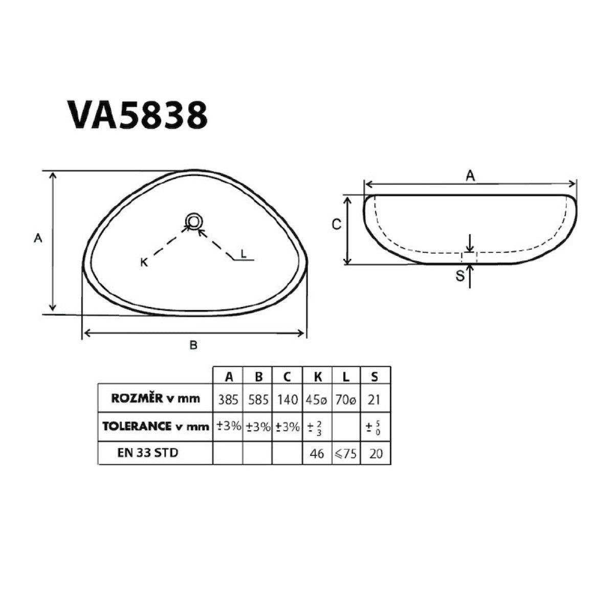 VA5838 Glacera Vallone 58 x 38 cm ovalni nadpultni umivalnik