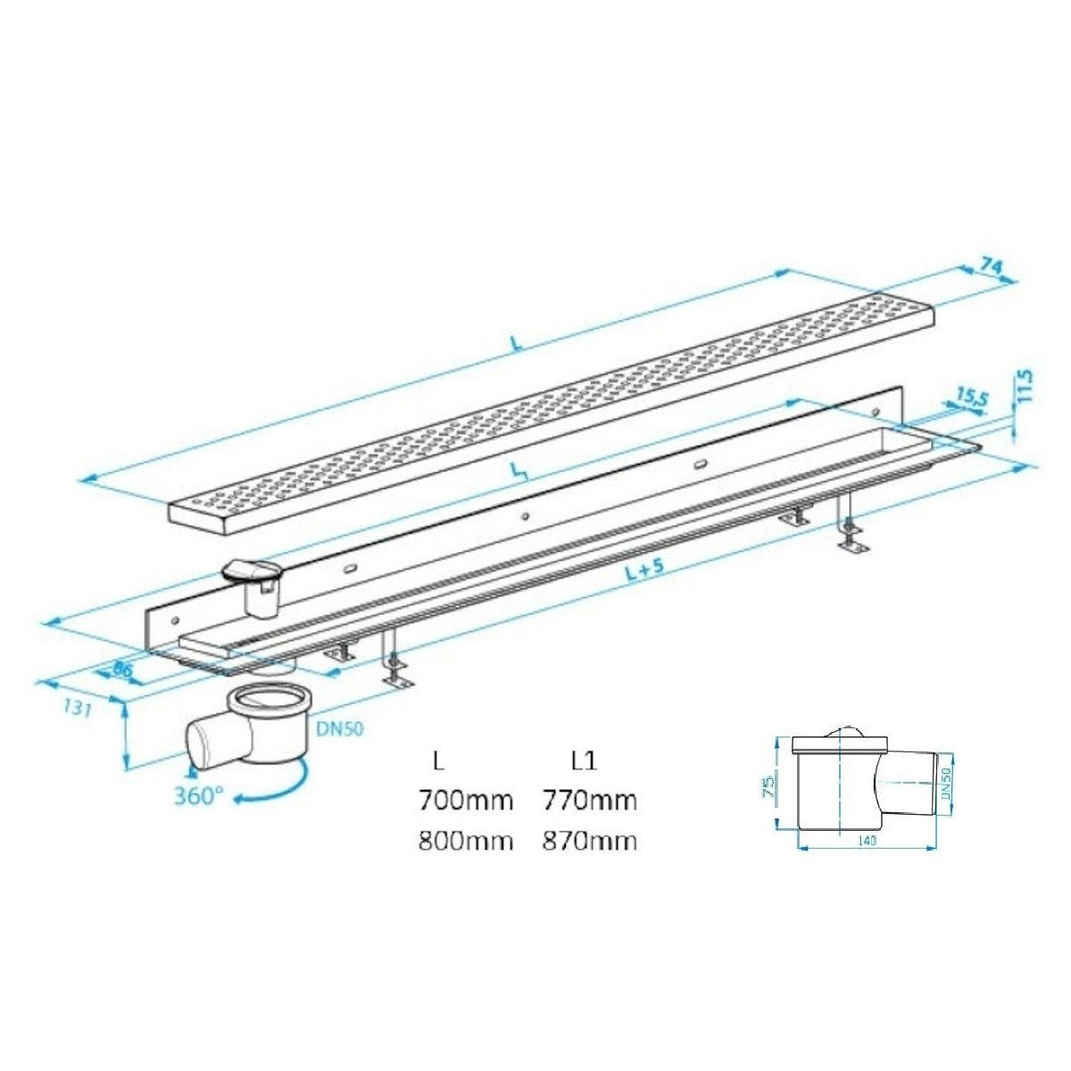 ZLAB70NRZ1LEM S-Line Klasik 70 cm obstenski model tuš kanaleta iz nerjavnega jekla