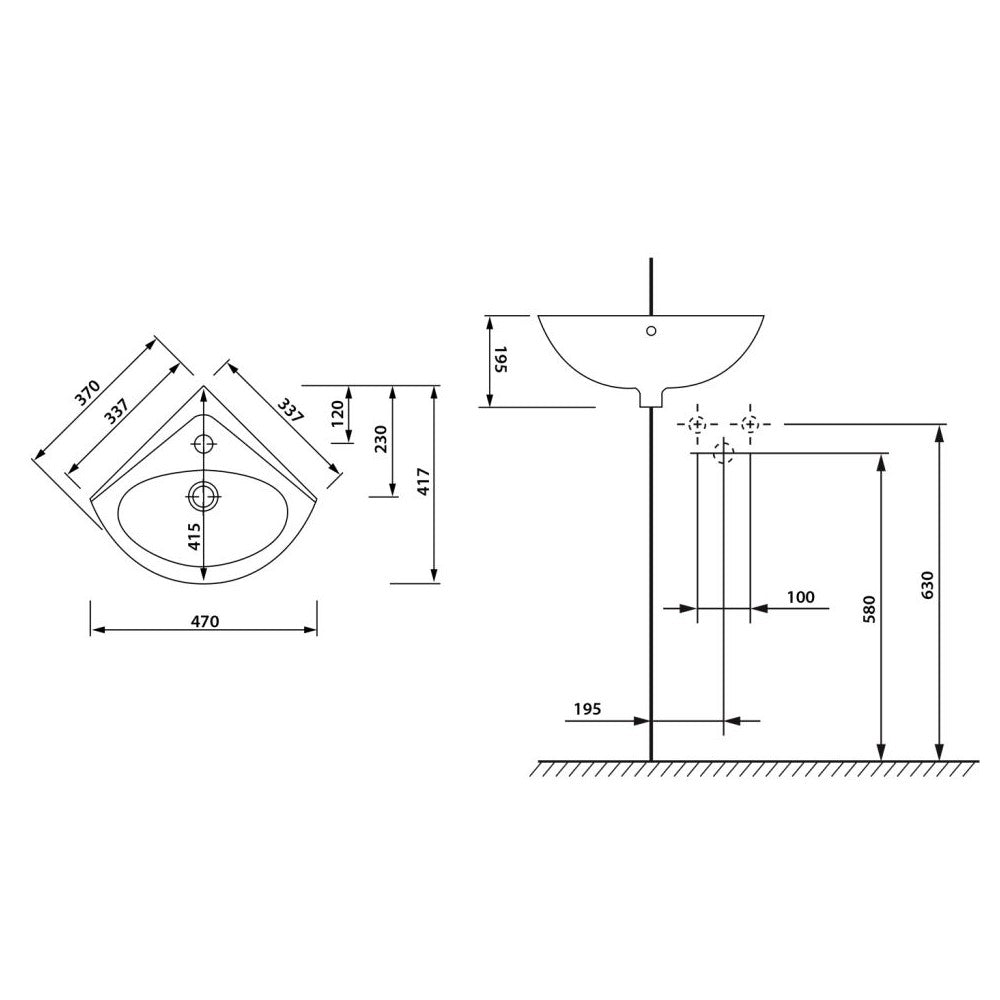 FS161 Sapho Luigi 34 x 34 cm kotni stenski keramični umivalnik z odprtino za armaturo