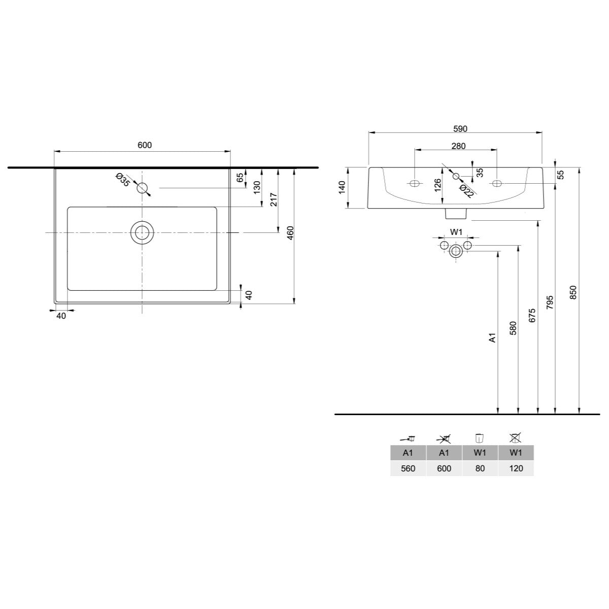 L51160000 Kolo Twins 60 x 46 cm pravokotni keramični umivalnik z odprtino za armaturo
