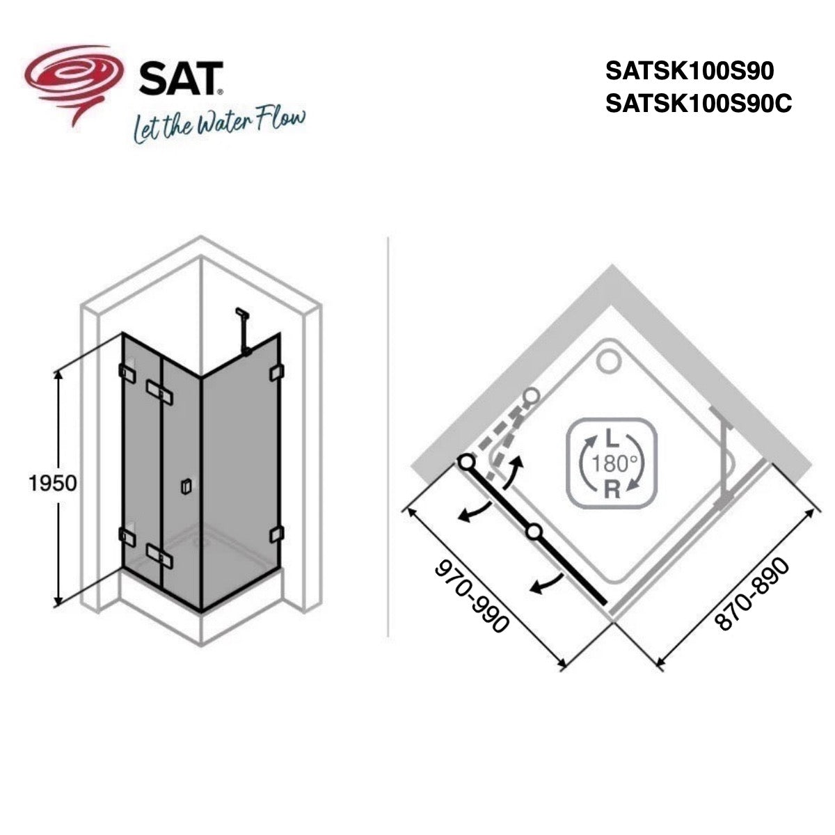 SATSK100S90 SAT SK 100 x 90 pravokotna tuš kabina z zložljivimi vrati