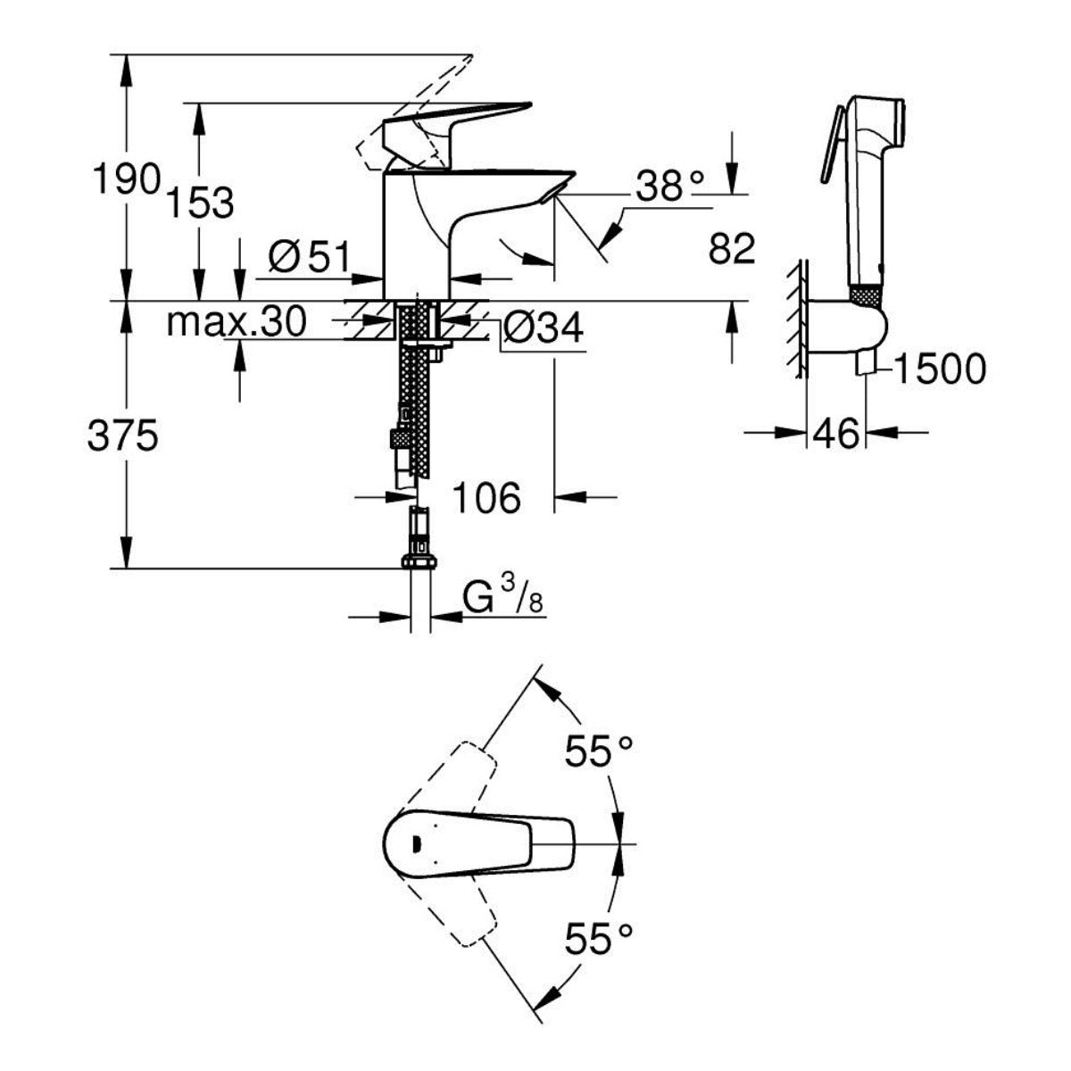 23773001 Grohe Start Edge armatura za umivalnik s higienskim tuš setom