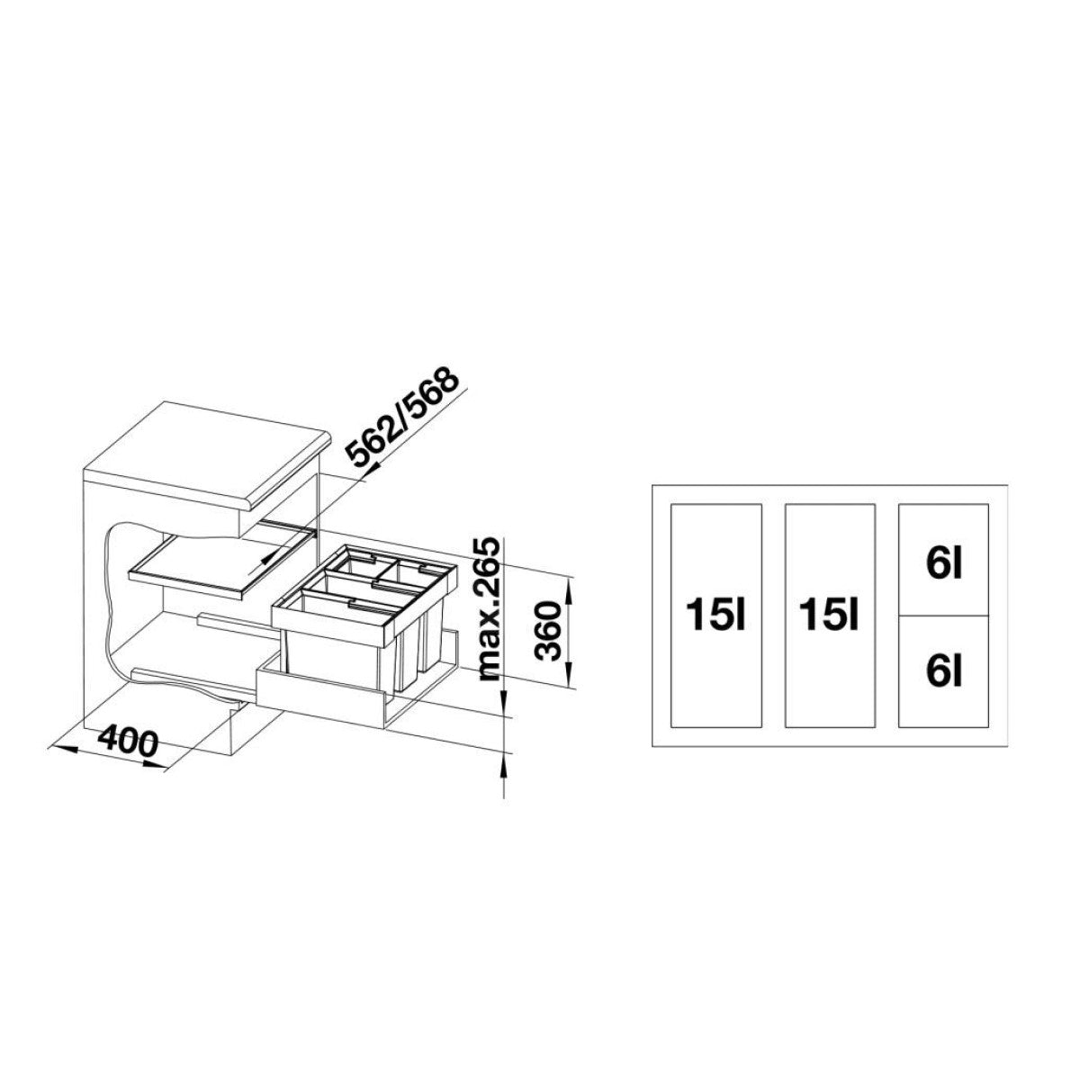 521474 Blanco Flexon II  60/4, 2x 15l, 2 x 6l sorter odpadkov