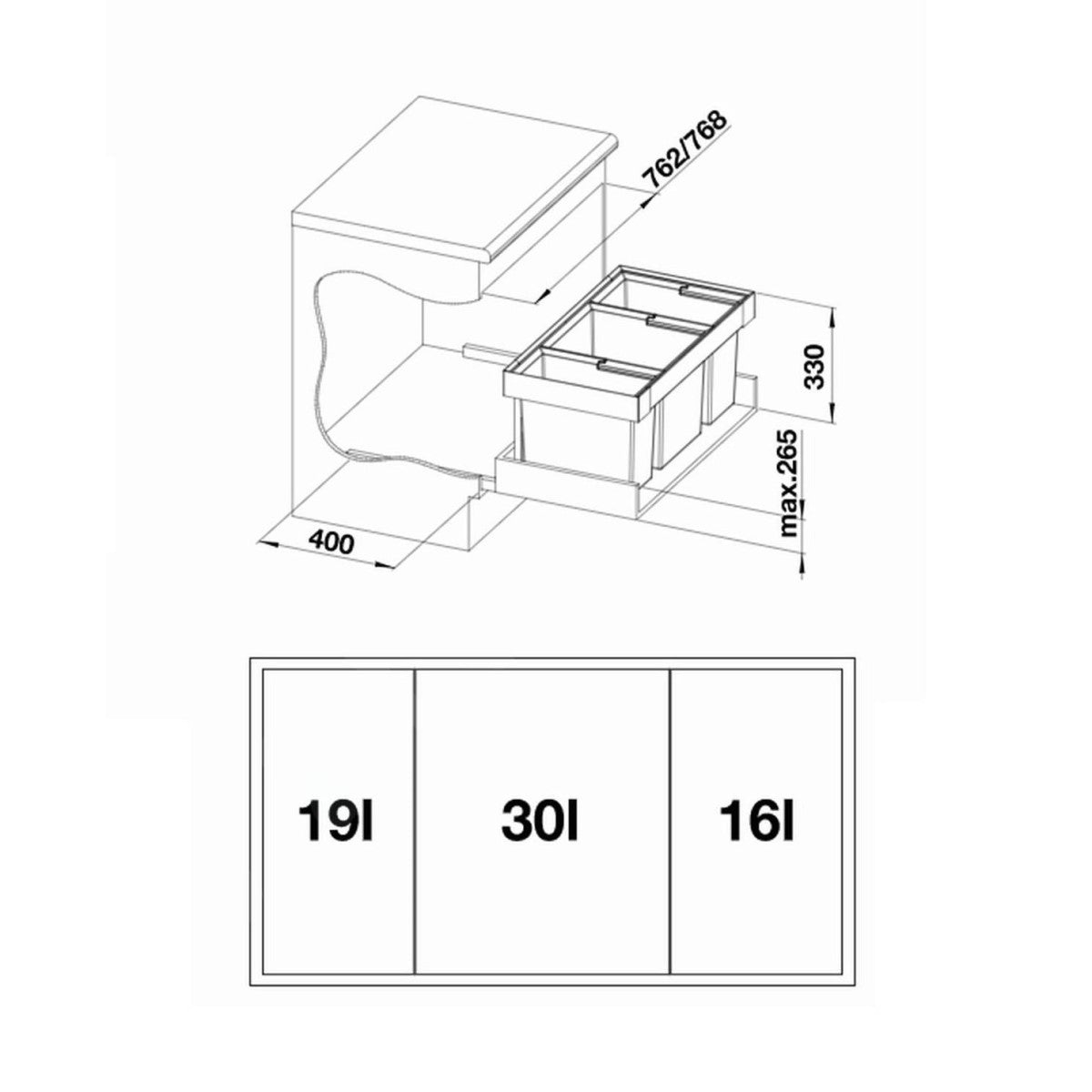 525221 Blanco Flexon II Low 80/3, 1x16l, 1x 19l, 1x30l sorter odpadkov