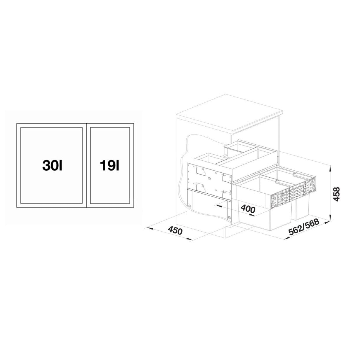 526208 Blanco Select II 60/2 Orga, 1 x 19l, 1 x 30l sorter odpadkov