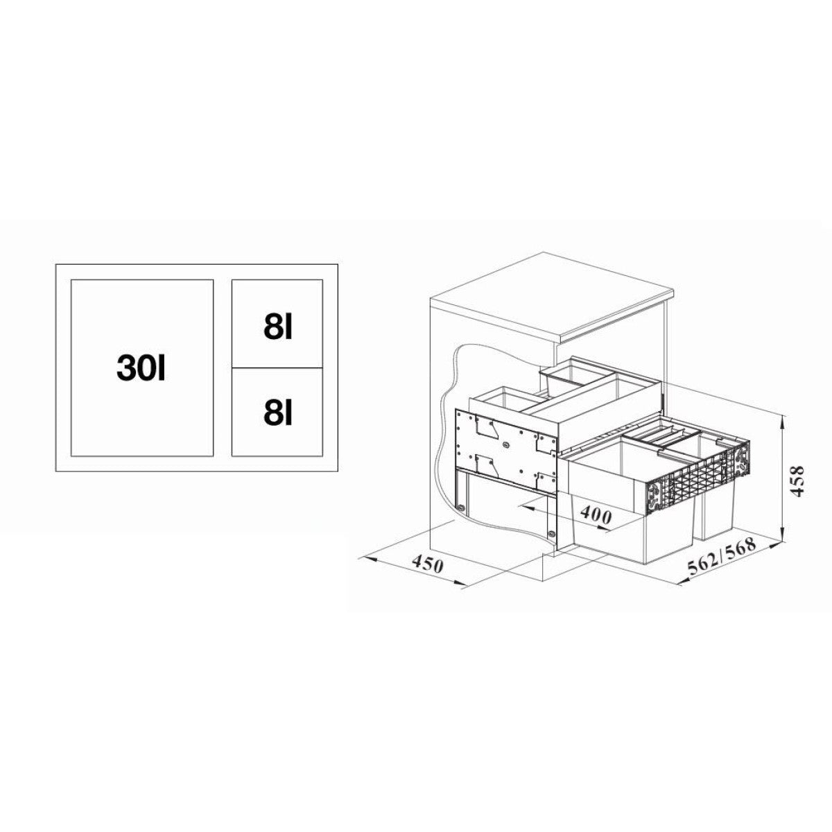 526210 Blanco Select II XL 60/3 Orga, 1 x 30l, 2 x 8l sorter odpadkov