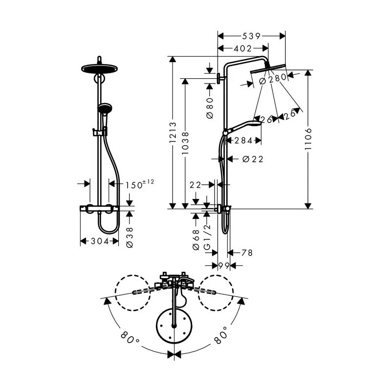26790000 Hansgrohe Croma Select S 280 1jet stenska termostatska armatura s tuš setom