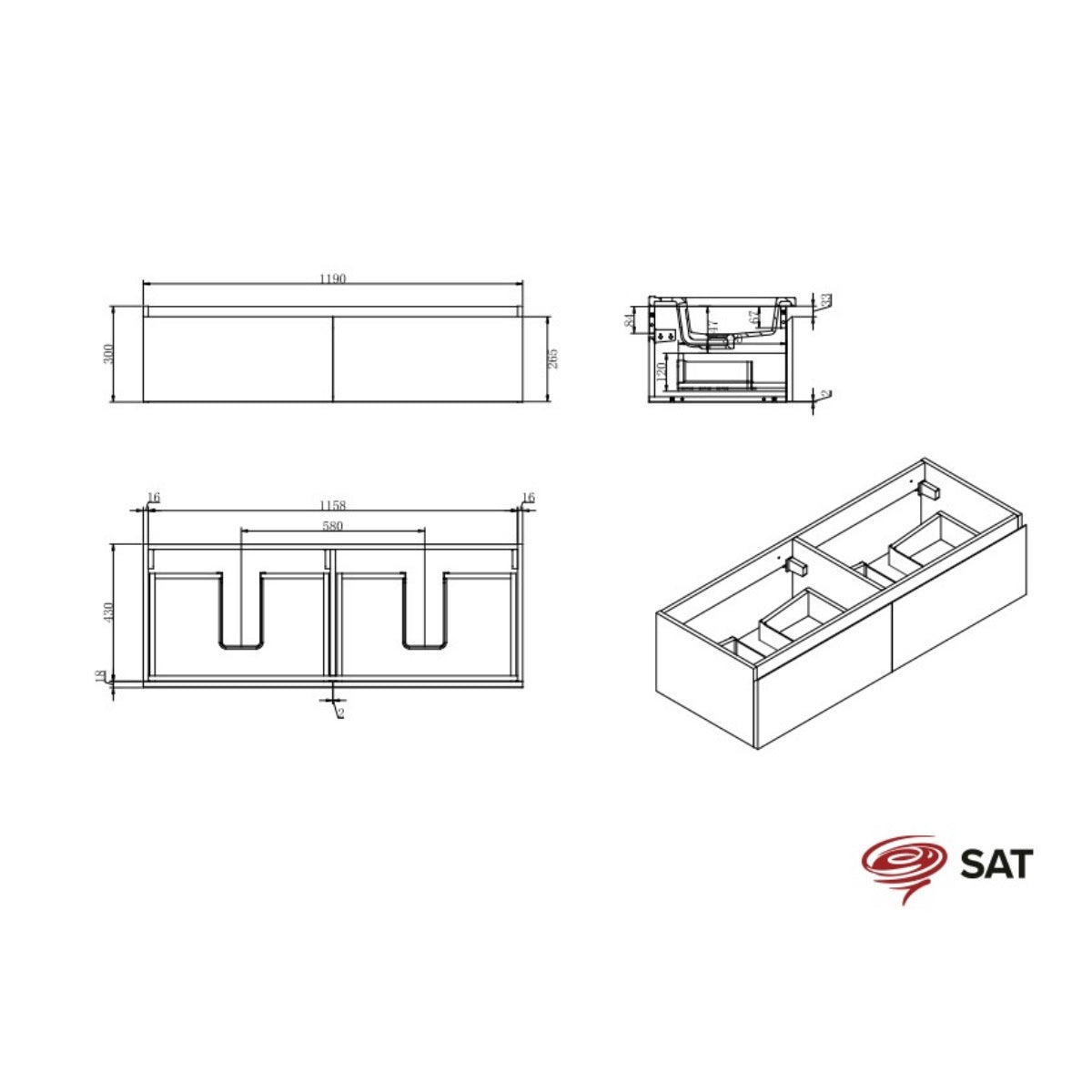 BWAY120WTK SAT B-Way 120x46 cm omarica za umivalnik s pultom iz umetnega kamna