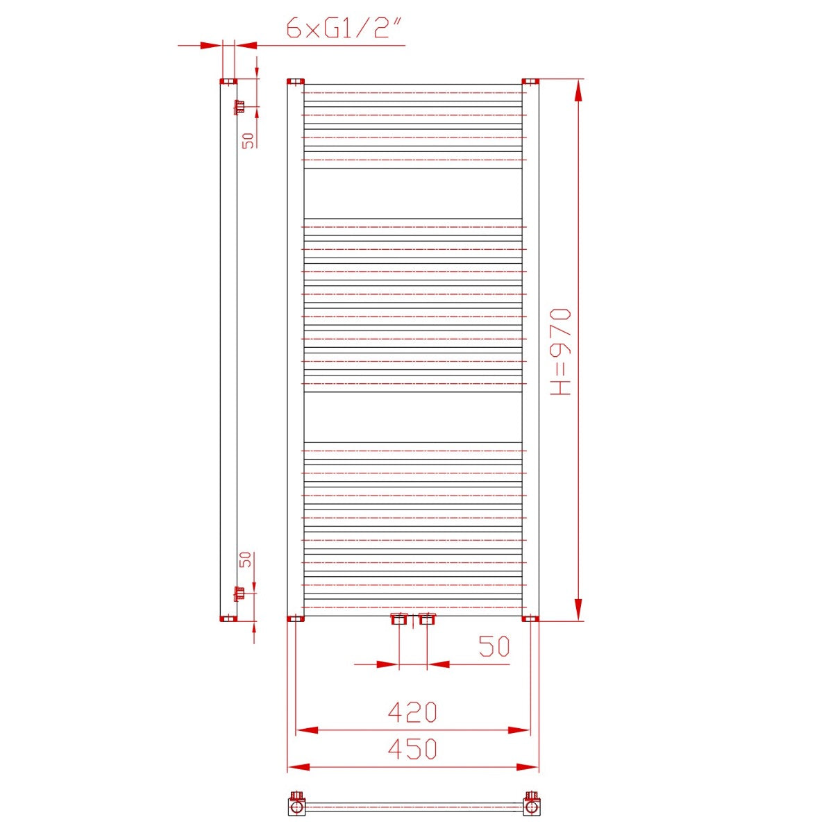 SETKH450970SBLKOM Thermal Trend KH 45 cm x 97 cm kopalniški radiator s kompletom za kombiniran priklop
