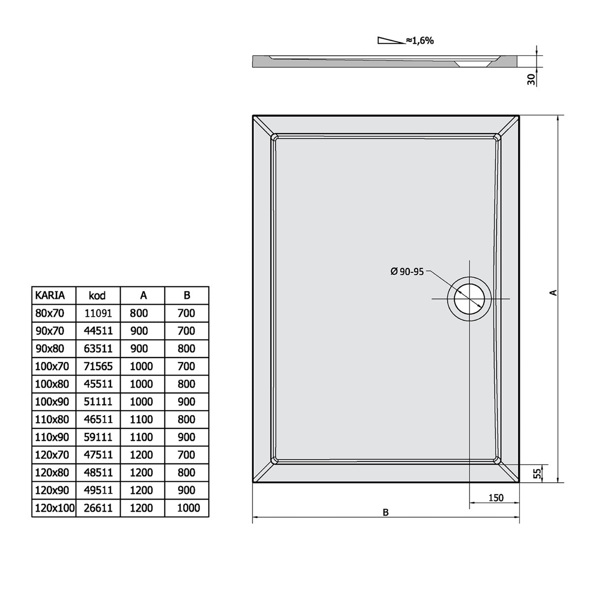 59111 Polysan Karia 110 x 90 cm pravokotna tuš kad iz litega marmorja