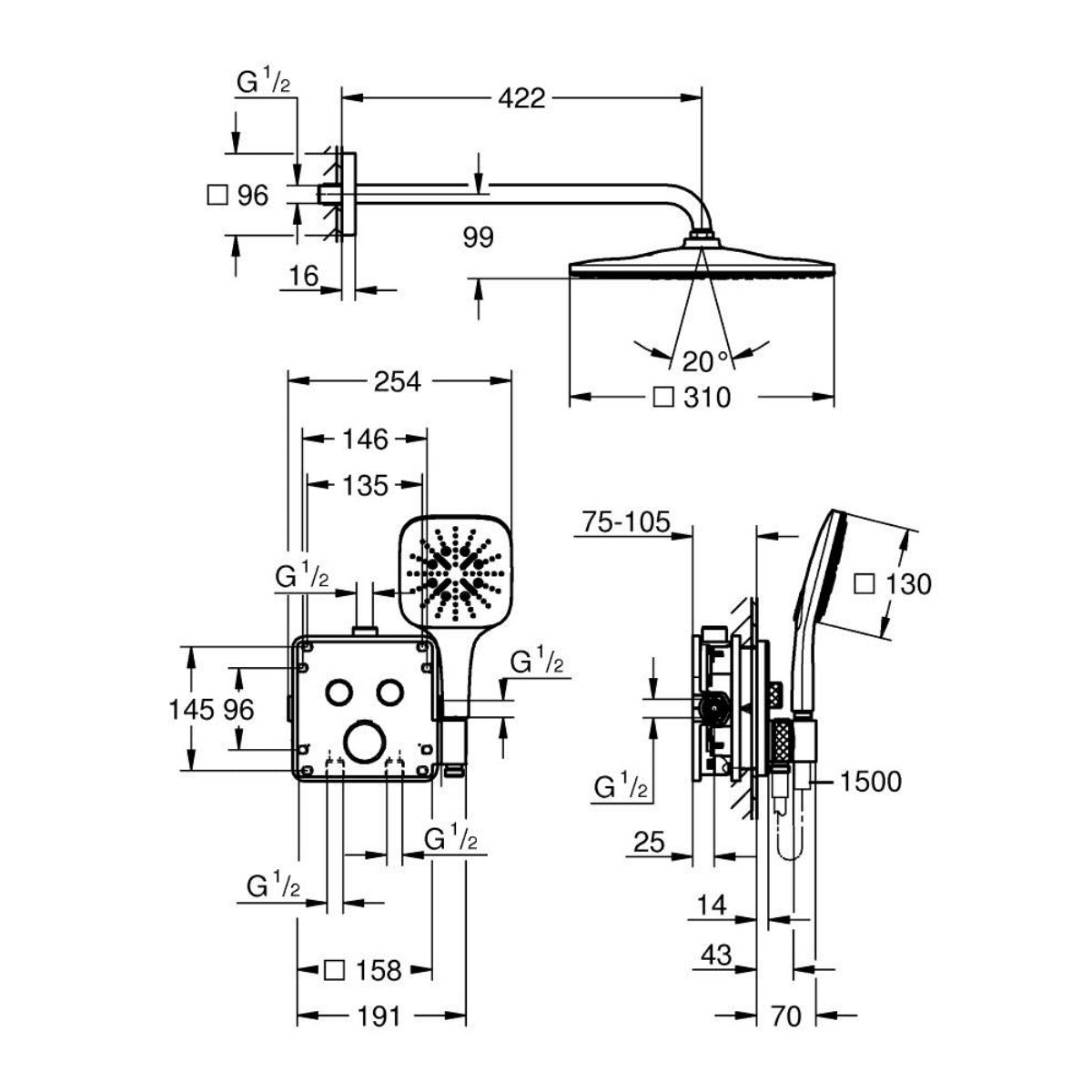 34865KF0 Grohe Grohtherm SmartControl Mono 310 Cube termostatski podometni komplet za tuš