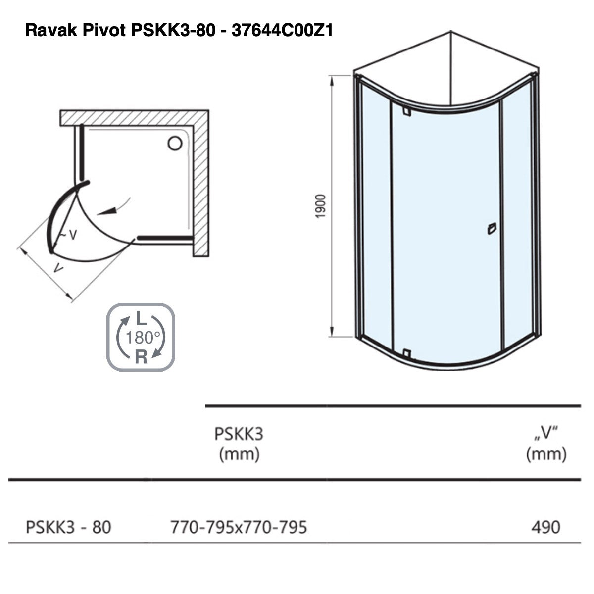 37644C00Z1 Ravak Pivot  80 x 80 polkrožna tuš kabina