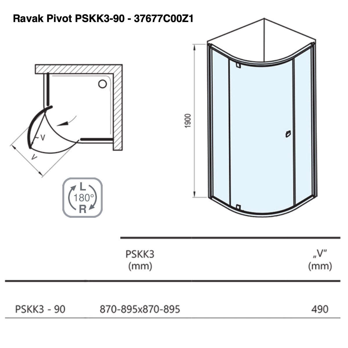 37677C00Z1 Ravak Pivot  90 x 90 polkrožna tuš kabina