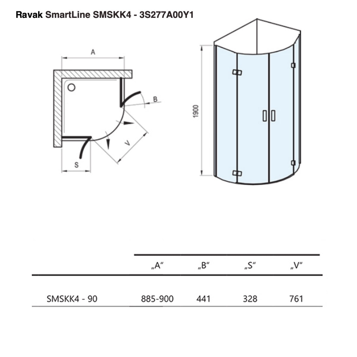 3S277A00Y1 Ravak SmartLine  90 x 90 polkrožna tuš kabina