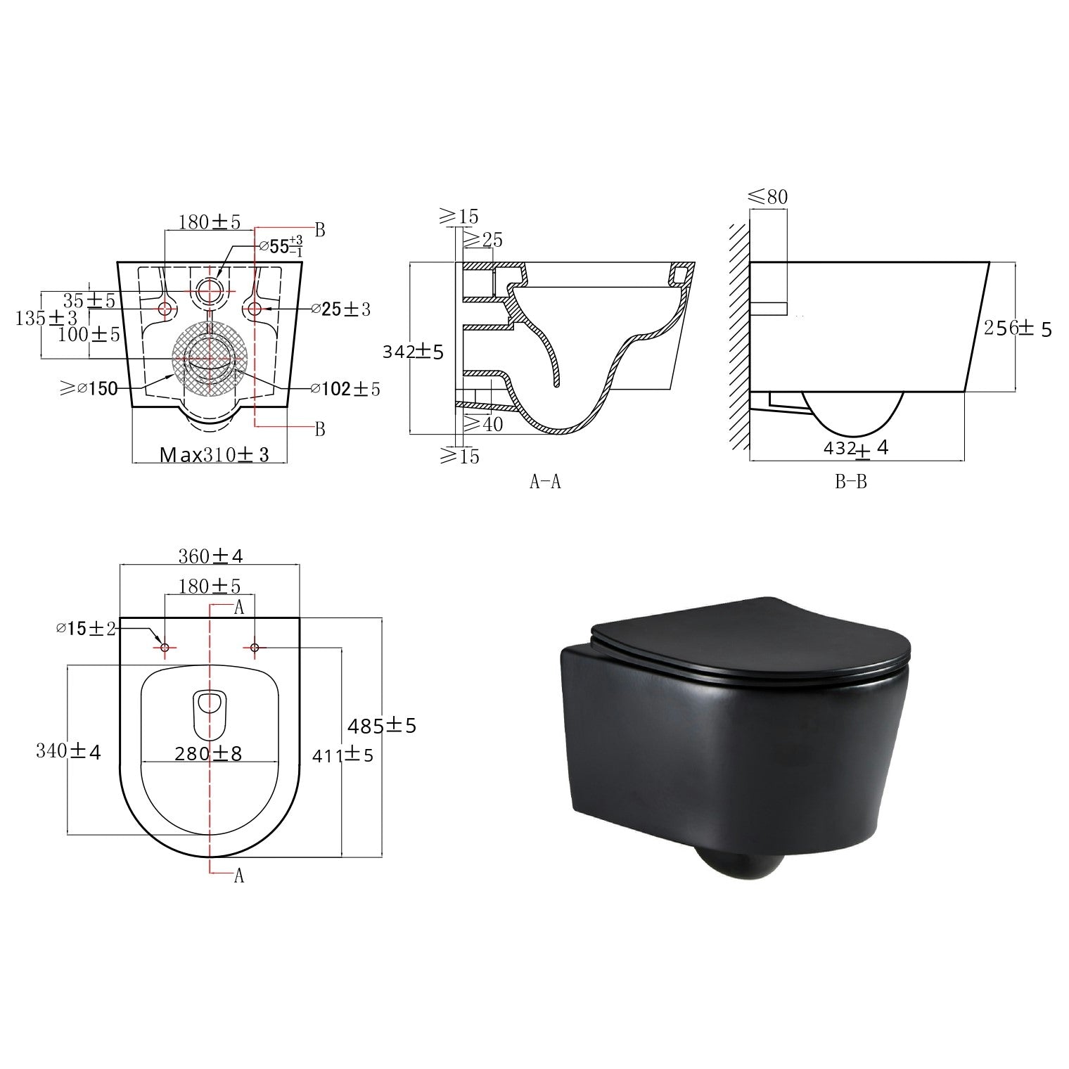 SATBRE010RREXPBKM SAT Brevis viseča brezrobna WC školjka z WC desko s počasnim zapiranjem