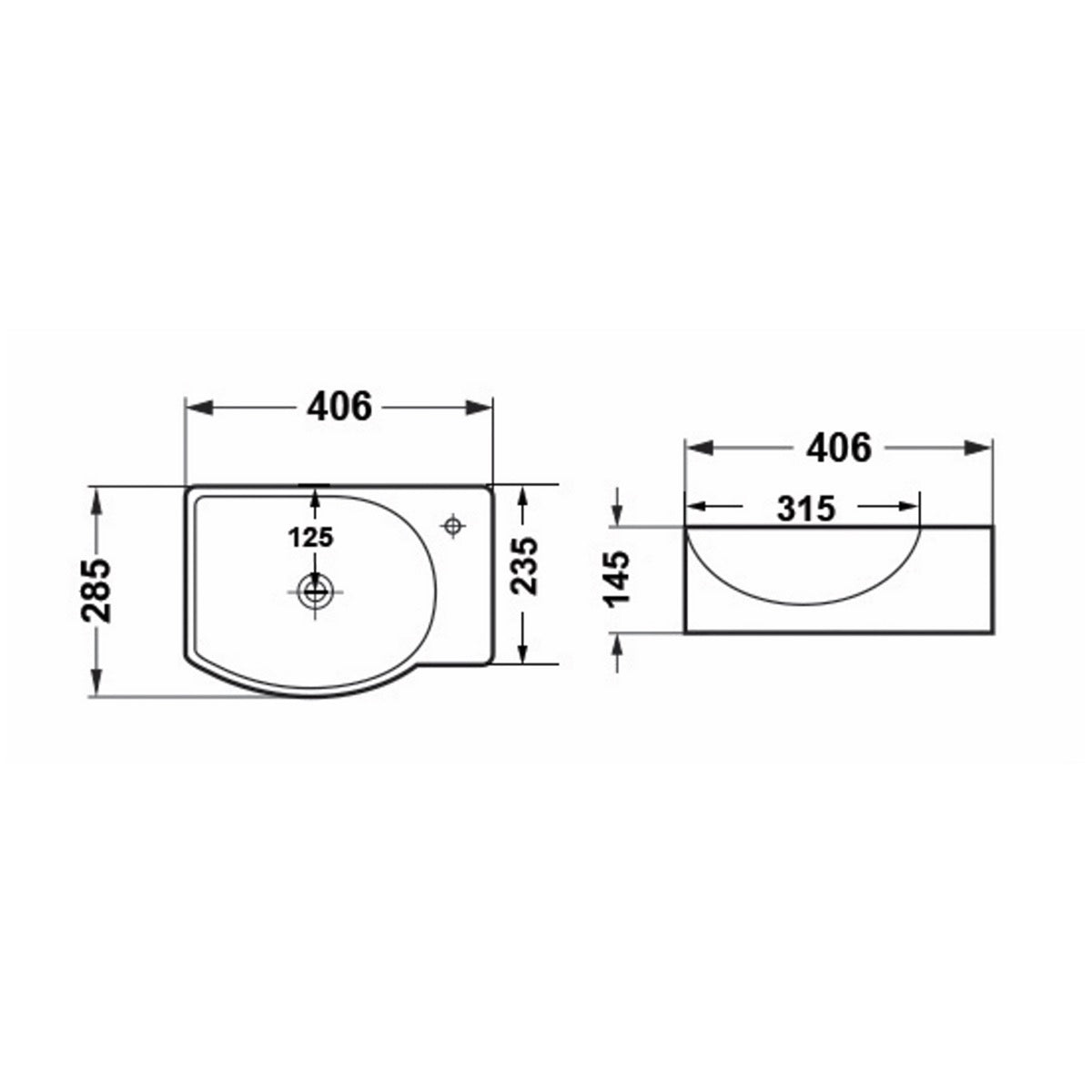 SATBRE4028R SAT Brevis 40,5 x 28 cm desna izvedba stenski keramični umivalnik z odprtino za armaturo