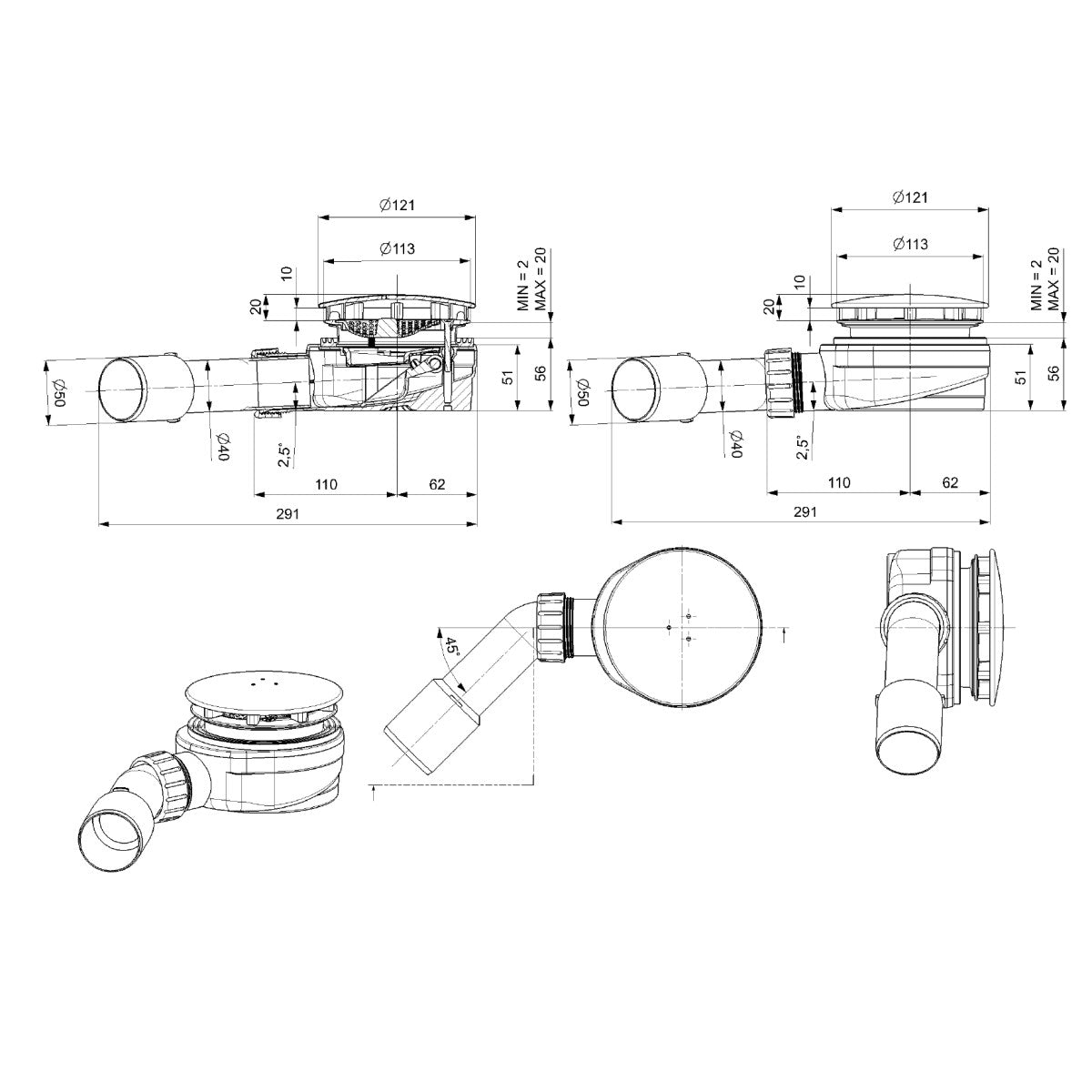 SATESLIM90CR SAT Project sifon za tuš kad 90 mm