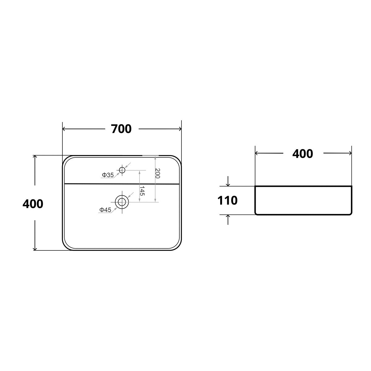 SATINF4070 SAT Infinitio 70 x 40 cm nadpultni keramični umivalnik z odprtino za armaturo