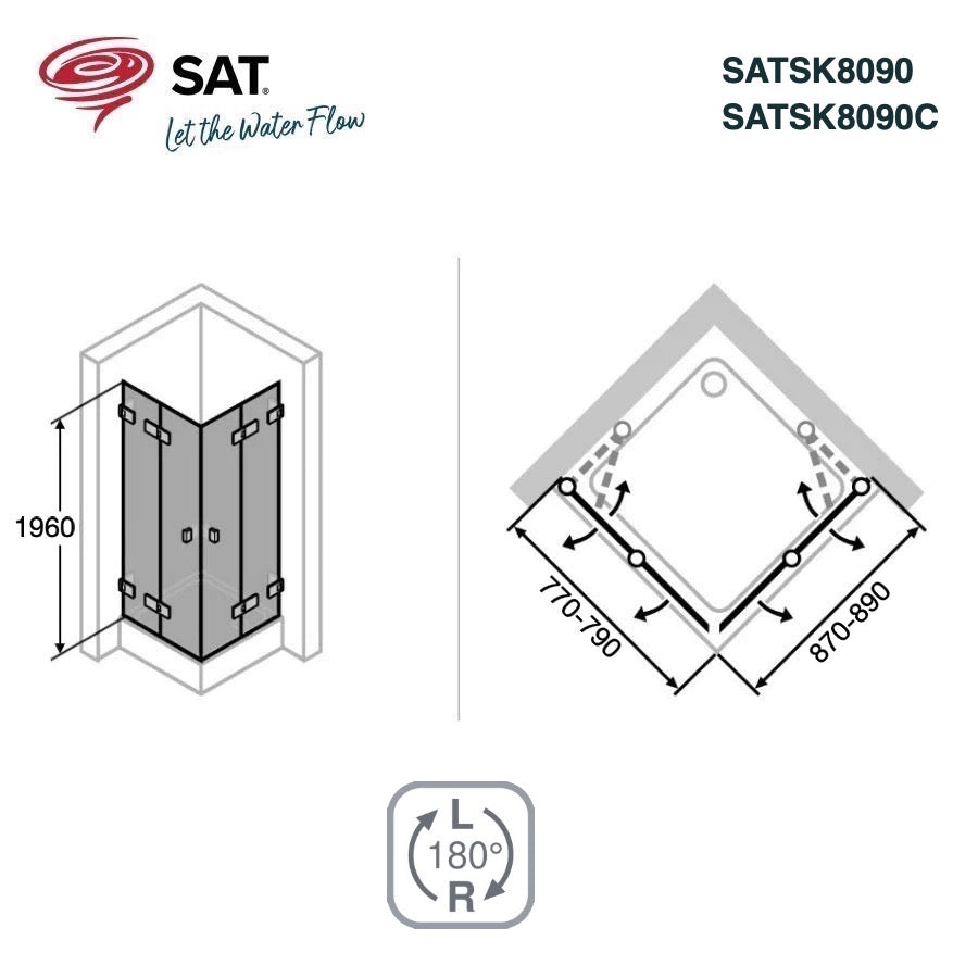 SATSK8090 SAT SK 90 x 80 pravokotna tuš kabina z zložljivimi vrati