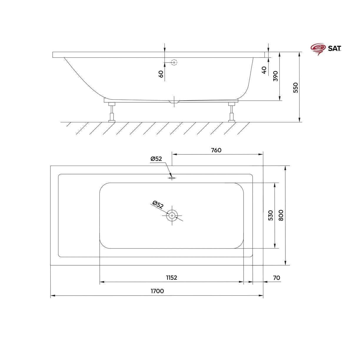 SATVNO17080 SAT Nora 170 x 80 kopalna kad za vgradnjo