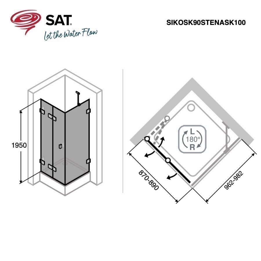 SIKOSK90STENASK100 SAT SK 100 x 90 pravokotna tuš kabina z zložljivimi vrati