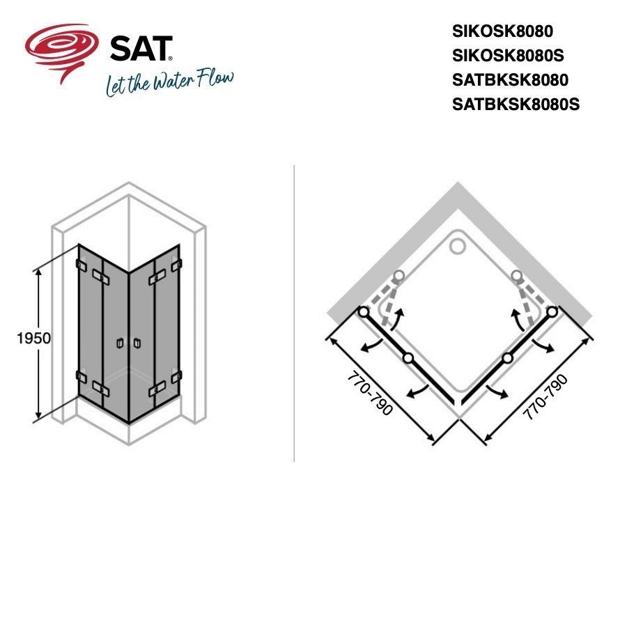 SATBKSK8080S SAT SK 80 x 80 kompletna kvadratna tuš kabina z zložljivimi vrati