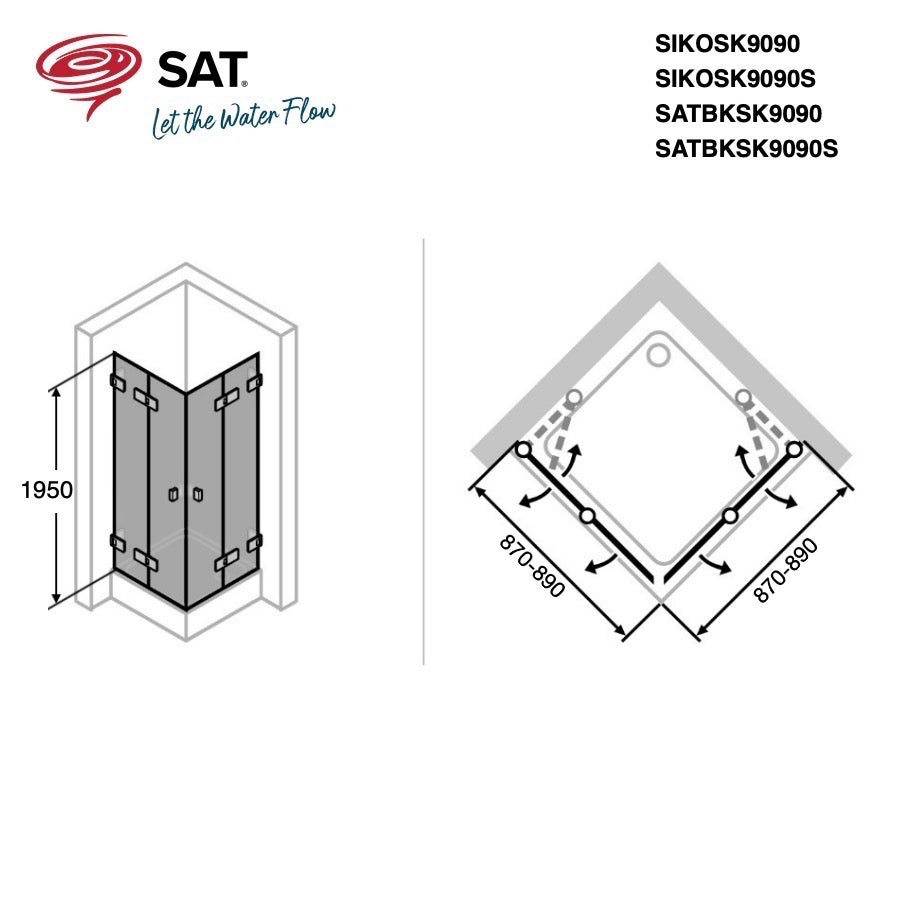 SATBKSK9090 SAT SK 90 x 90 kompletna kvadratna tuš kabina z zložljivimi vrati