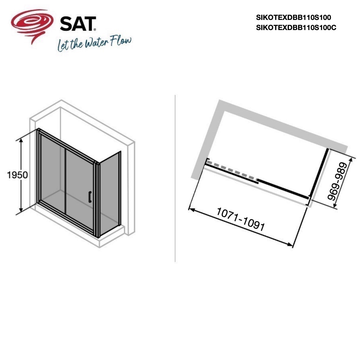 SIKOTEXDBB110S100 SAT TEX 110 x 100 cm pravokotna tuš kabina brez okvirja