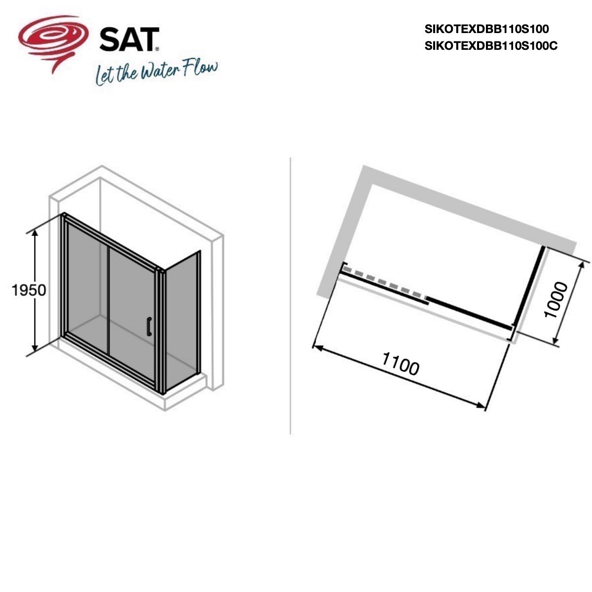 SIKOTEXDBB110S100C SAT TEX 110 x 100 cm pravokotna tuš kabina brez okvirja črna