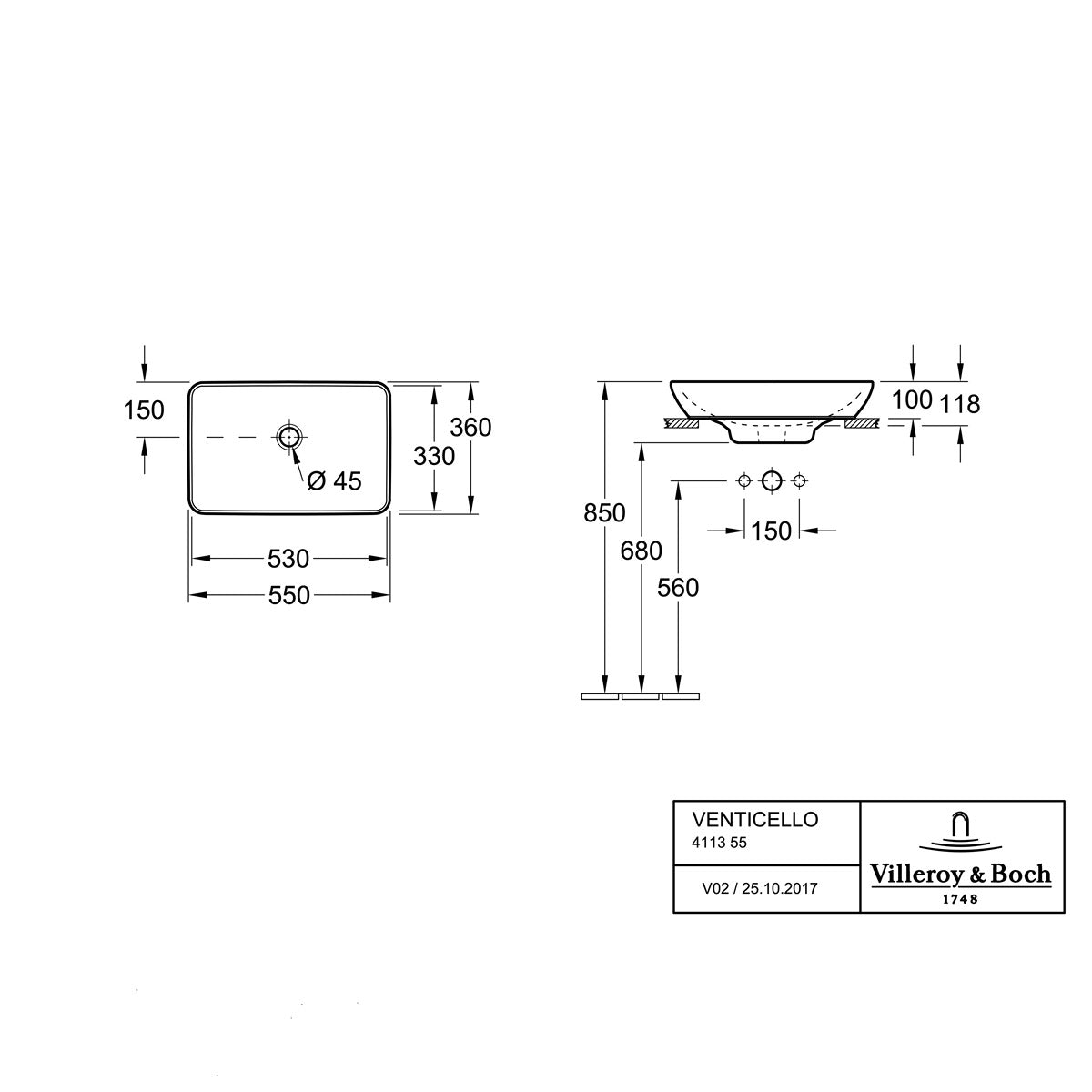 411355R1 Villeroy & Boch Venticello CeramicPlus 55 x 36 cm nadpultni umivalnik brez odprtine za armaturo