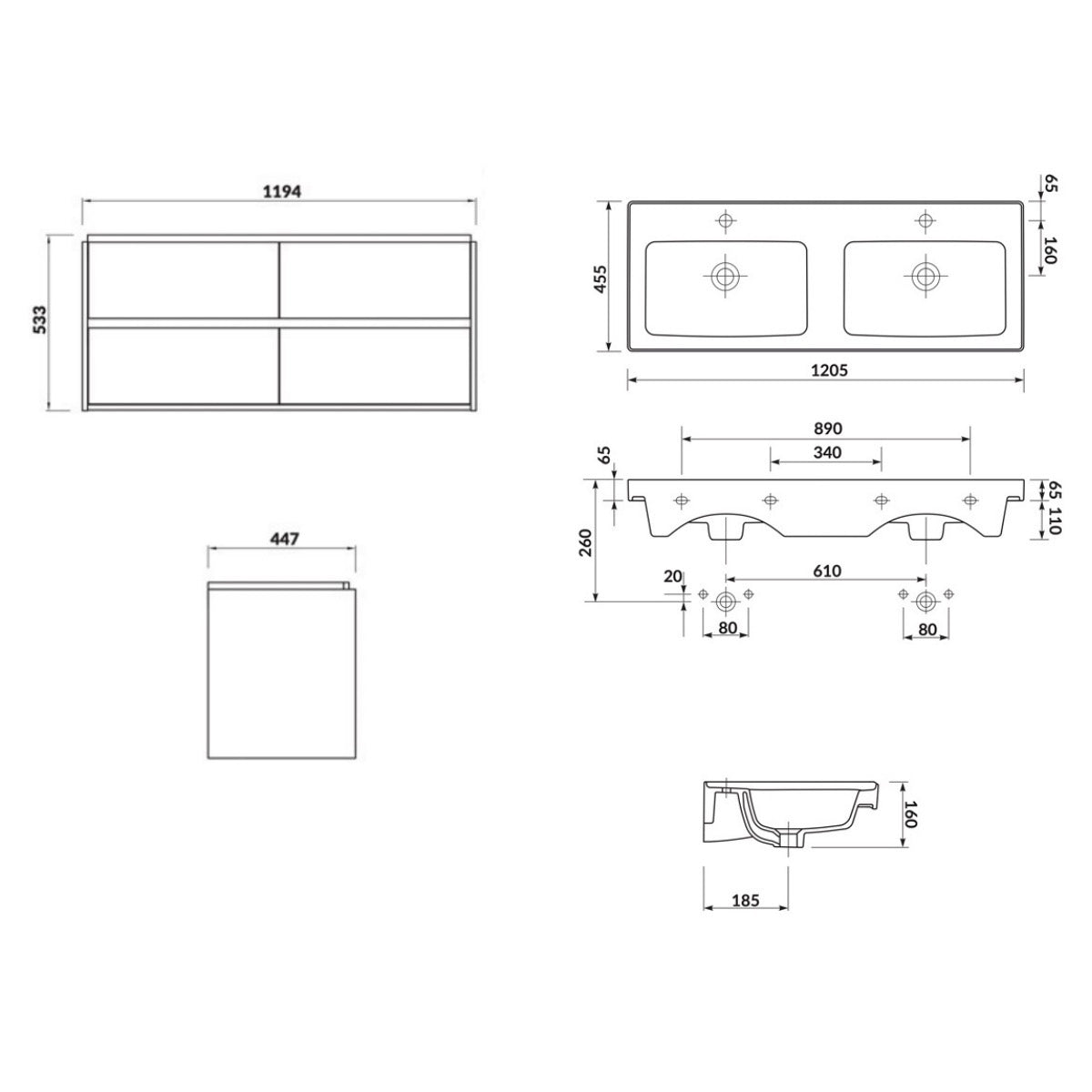 S801-324 Cersanit CREA 120 x 46 cm dvojni umivalnik z omarico