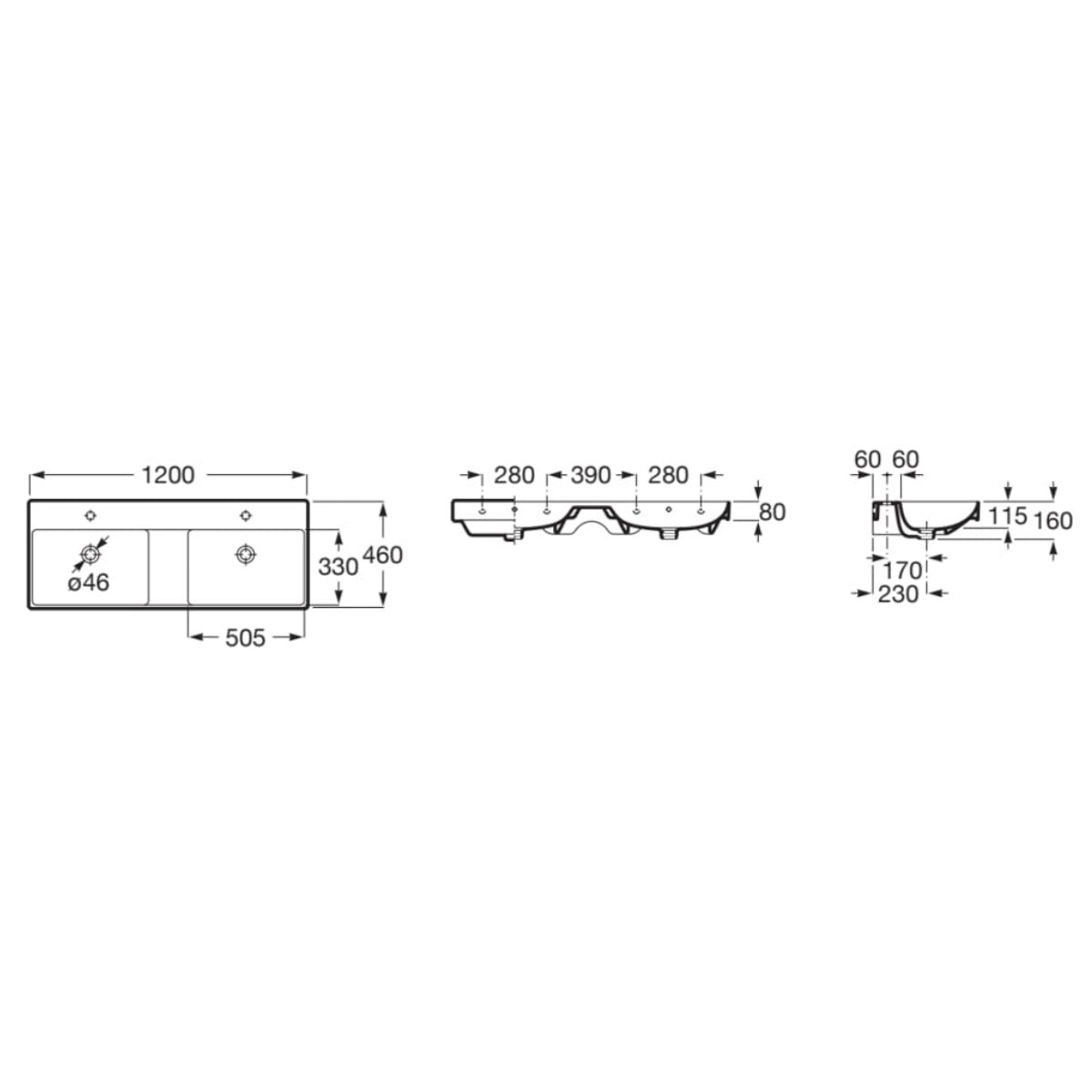 A32768B000 Roca ONA 120 x 46 cm dvojni keramični umivalnik z 2 odprtinama