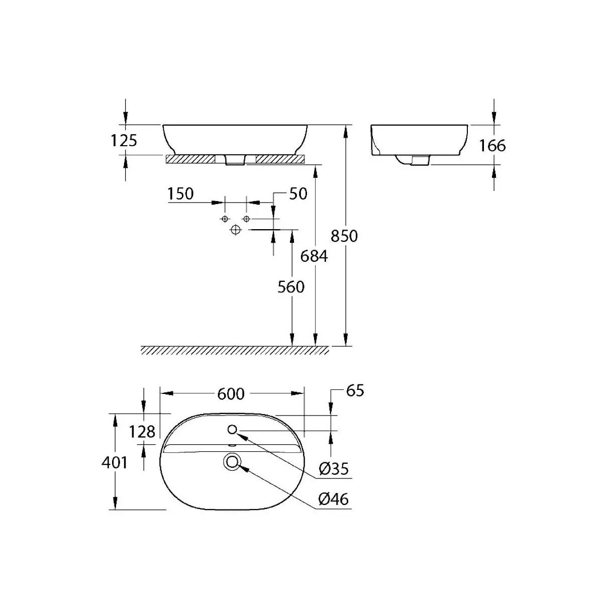 103569SH00 Grohe Essence 60 x 40 cm ovalni nadpultni umivalnik z odprtino za armaturo