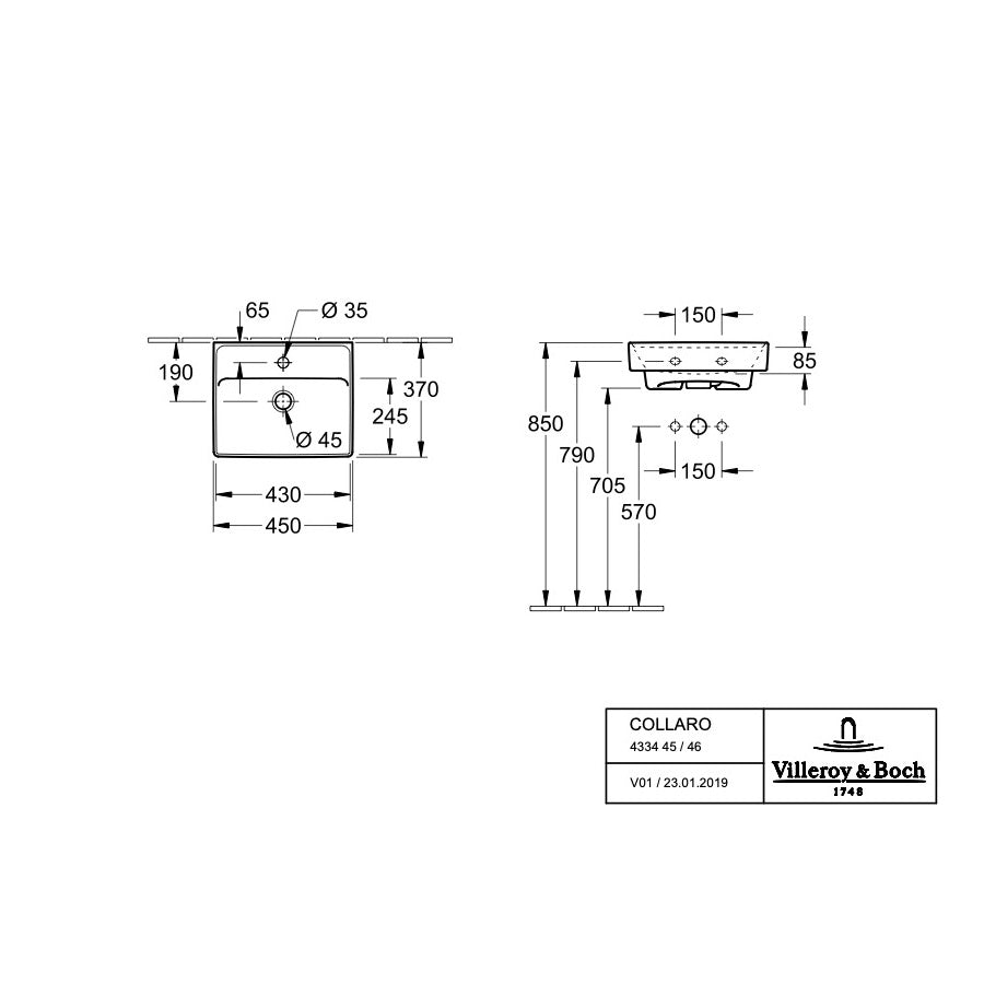43344501 Villeroy & Boch Collaro 45 x 37 cm keramični umivalnik z odprtino za armaturo