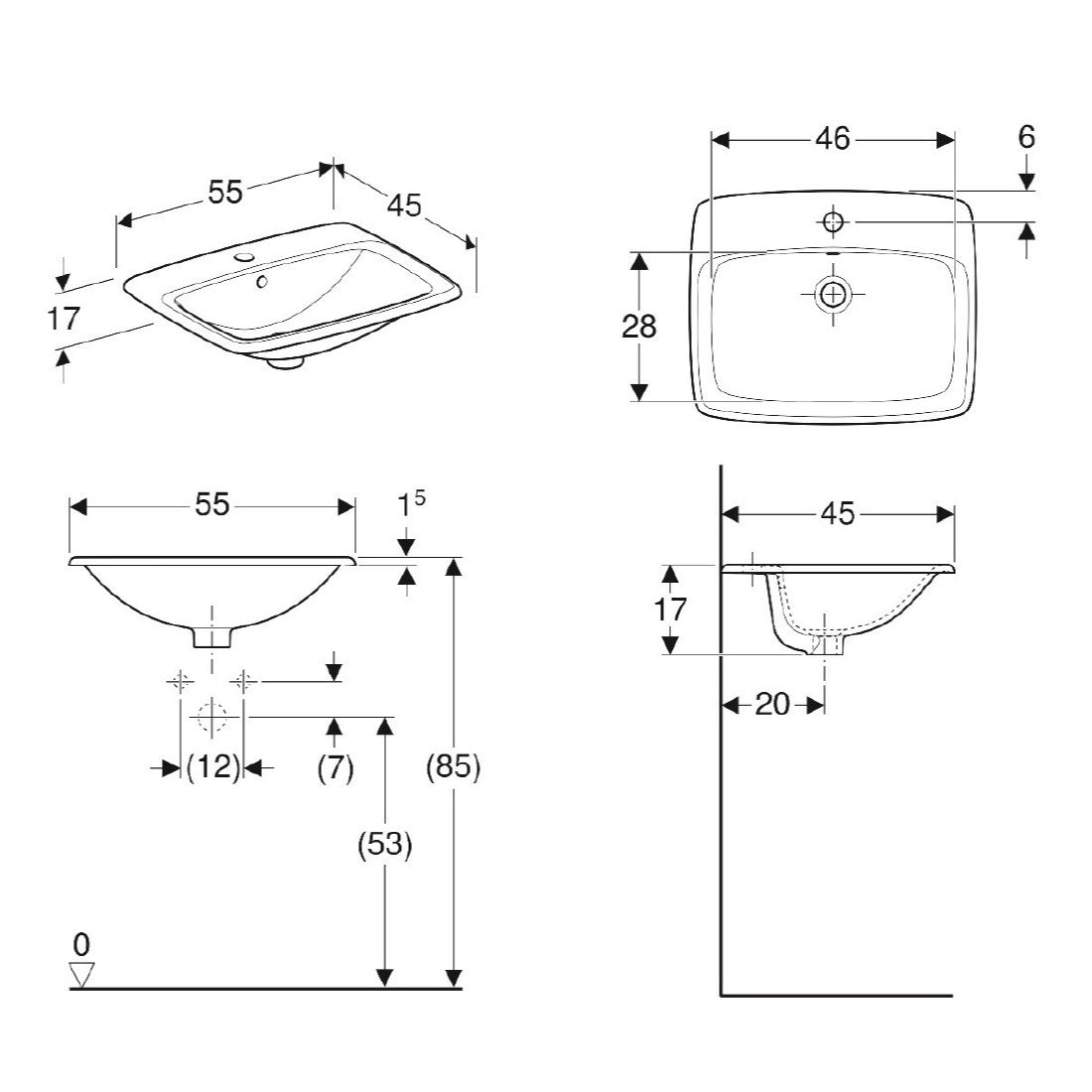 Umivalniki 500.306.01.1 Geberit Selnova 55 x 45 cm pravokotni vgradni keramični umivalnik z odprtino za armaturo | KOPALNICA-ONLINE.SI