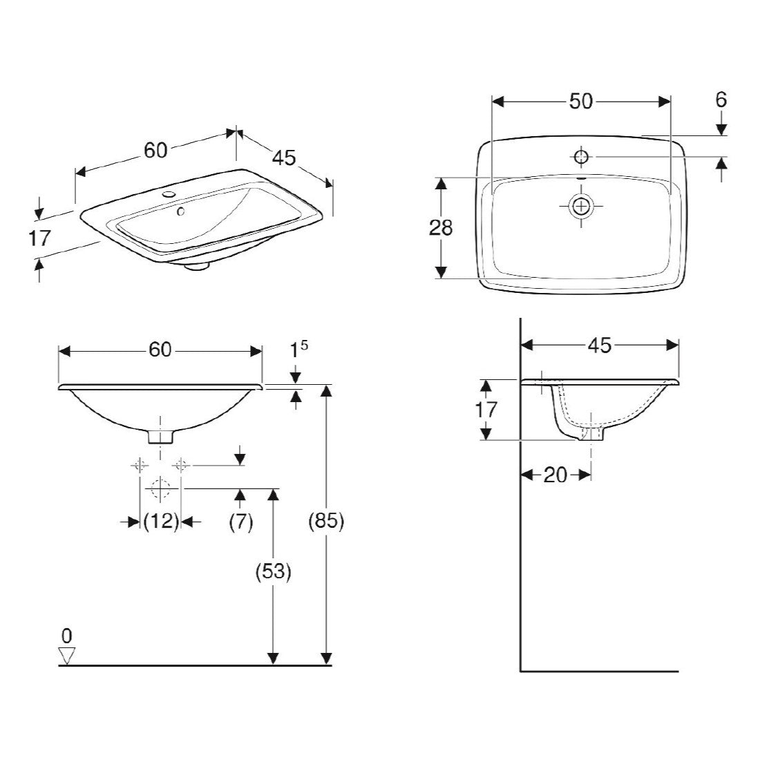 Umivalniki 500.307.01.1 Geberit Selnova 60 x 45 cm pravokotni vgradni keramični umivalnik z odprtino za armaturo | KOPALNICA-ONLINE.SI