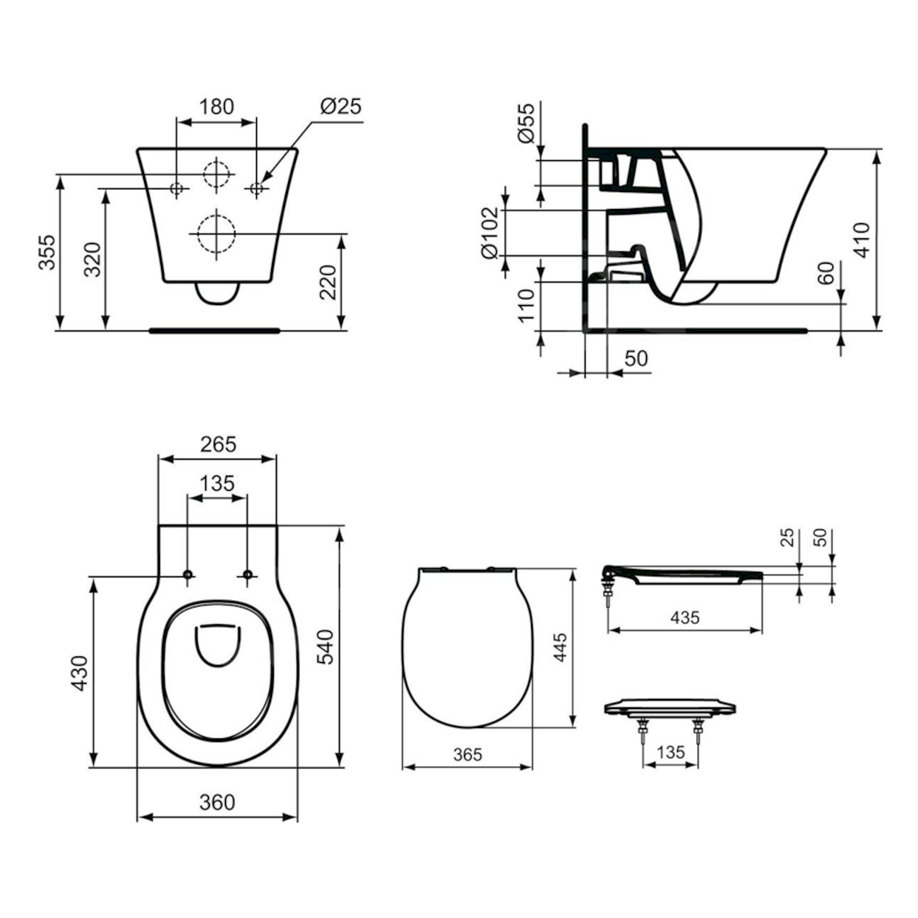 E008701 Ideal Standard Connect Air AQUABLADE viseča brezrobna WC školjka z WC desko s počasnim zapiranjem
