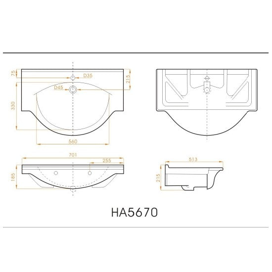 HA5670 Naturel Pro 70 x 50 cm vgradni keramični umivalnik z odprtino za armaturo