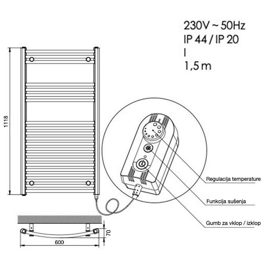 MAE6001118CR / MAER6001118CR Anima Marcus 60 cm x 111.8 cm električni kopalniški radiator