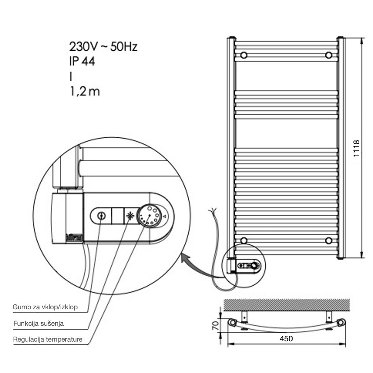 MAE4501118CR / MAER4501118CR Anima Marcus 45 cm x 111.8 cm električni kopalniški radiator