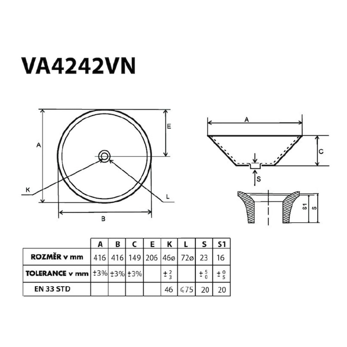 VA4242VN Glacera Vallone 42 x 42 cm okrogli nadpultni umivalnik